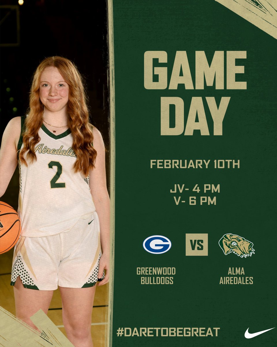 It’s GAMEDAY!! 5A West home conference game today against the Lady Bulldogs ‼️🏀 #daretobegreat
🆚 Greenwood
📍 Charles B. Dyer Arena
⏰ JV- 4 V-6 PM
📺 YouTube (Alma School District)