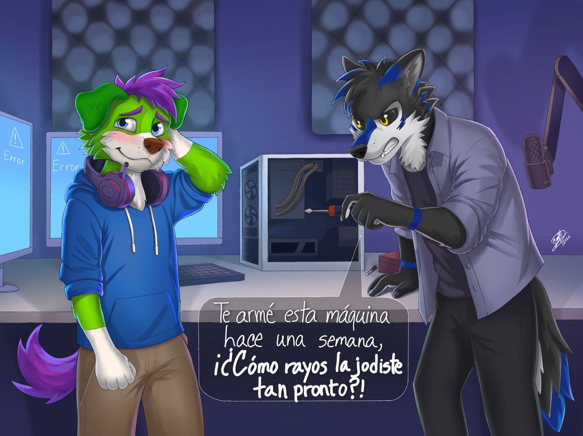 Thane: “I built you this computer a week ago. How the hell did you mess it up so fast?!”

Comm for <a href="/TK_Wolp/">Thane Kennedy</a> &amp; <a href="/RufflesGreen/">RufflesGreen | 🐶💚</a>