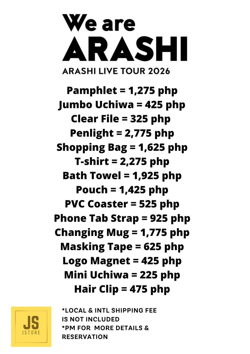 JStore_merch's tweet photo. Hi Jstorelovers Pre-order for WE ARE ARASHI LIVE TOUR 2026 GOODS is now OPEN!!

💳 BDO / GCASH / MAYA / HELLOMONEY
📦 J&amp;T

For more info:
https://t.co/1XCrjKq4dE

‼LIMITED SLOTS ONLY‼

📩 For Orders / Inquiry PM me  via FB Page https://t.co/5kd3acgC2s