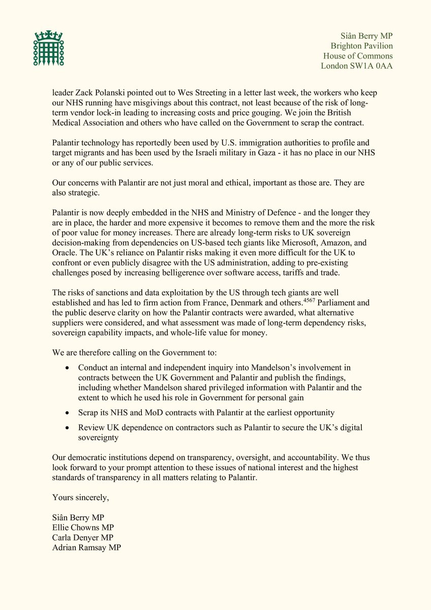 The Green MPs have written to the Cabinet Secretary urging an investigation into "Palantir's vice-like grip on our Government" and the role played by disgraced Peter Mandelson in brokering it.

All contracts with this Trump-supporting spy tech company must be suspended.