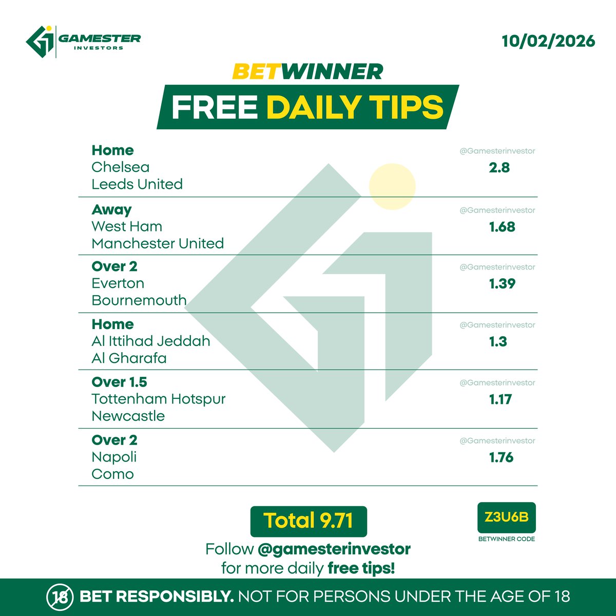 GamesterInv's tweet photo. ⚽📊 Smart football analysis, consistent picks, and disciplined approach.
Follow the journey and stay focused on the process.

#FootballAnalysis #SmartBetting #MatchdayInsights #ValuePicks #GamesterInvestor https://t.co/Y29J2TAlQv