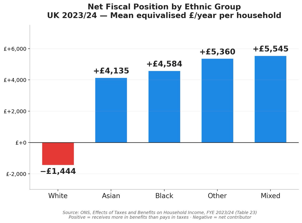 The UK Government quietly publishes the net fiscal contribution of different ethnic groups.

Whites are the only group to make an overall fiscal contribution, and are net losers to the tax and welfare systems.

Whites are paying a big financial cost to create Multiracial Britain.