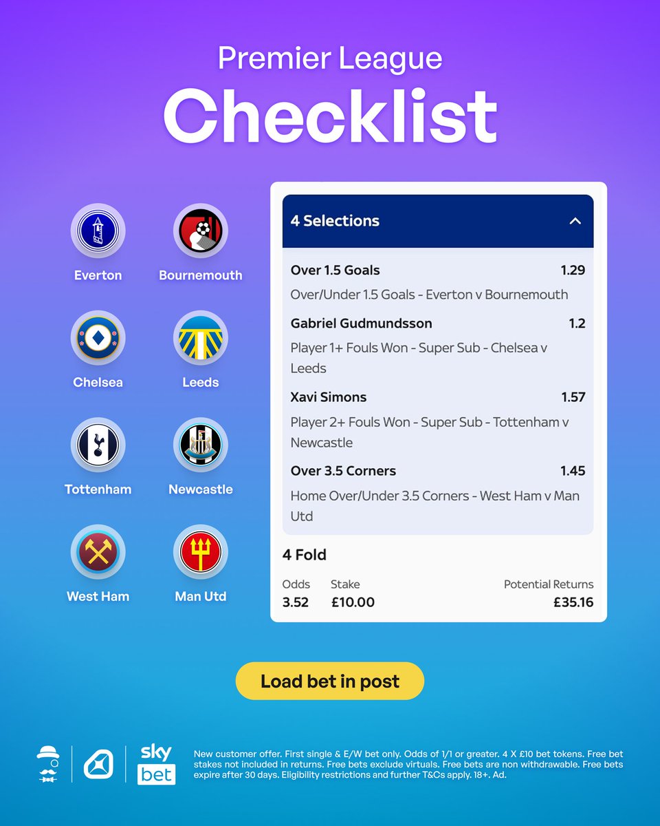 ✔️ Tonight's Premier League Checklist 

Covers each of the four matches.

Load bet: bit.ly/PL-CHECKLIST-1…

Join Sky Bet, back it with £1 or more, and you will get £40 in Free Bets.

Claim offer: bit.ly/Get-40-Free

Let me know if you're joining in.

18+, T&amp;Cs Apply. Ad.