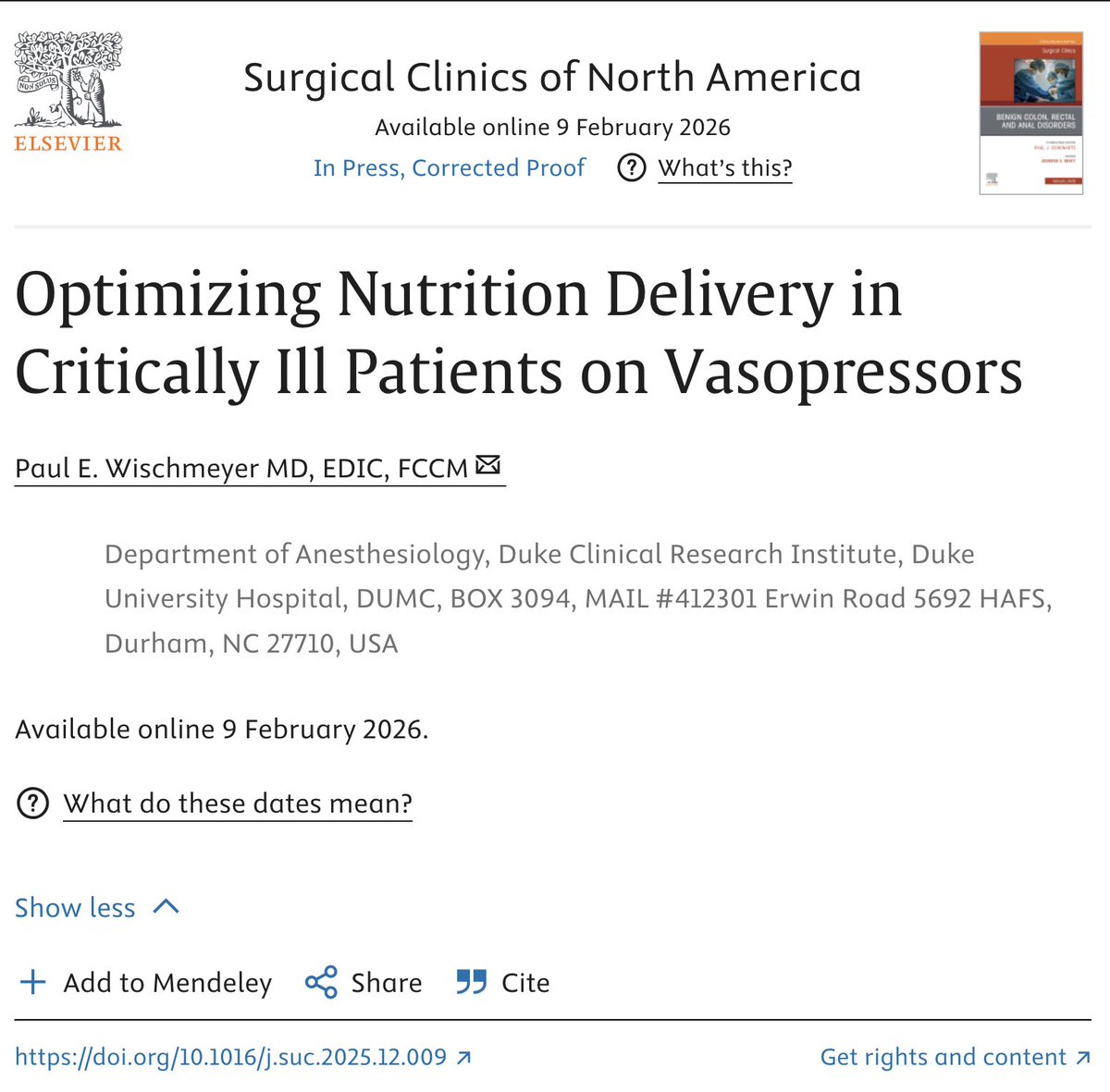 Do you feed ICU patients on vasopressors? Evidence says it can be safe—and lifesaving when patients are adequately resuscitated.
🆕 New paper online today in <a href="/SurgicalClinics/">Surgical Clinics</a> 

Key points 👇
• Vasopressors ≠ automatic contraindication to enteral nutrition
• Dose, stability,