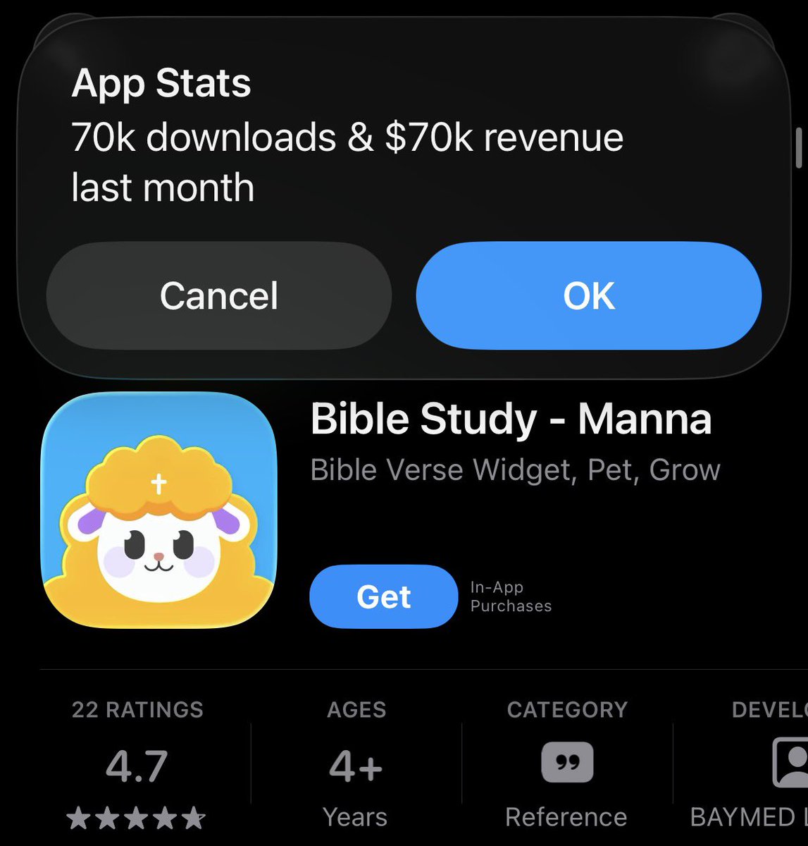 simonecanciello's tweet image. this bible app makes $70k/month by doing exactly this:

&amp;gt; they saw a rising niche (faith)
&amp;gt; copied ui/ux from finch ($3m app)
&amp;gt; added a cute mascot 
&amp;gt; 37 running ads in spanish &amp;amp; english

don’t overthink.