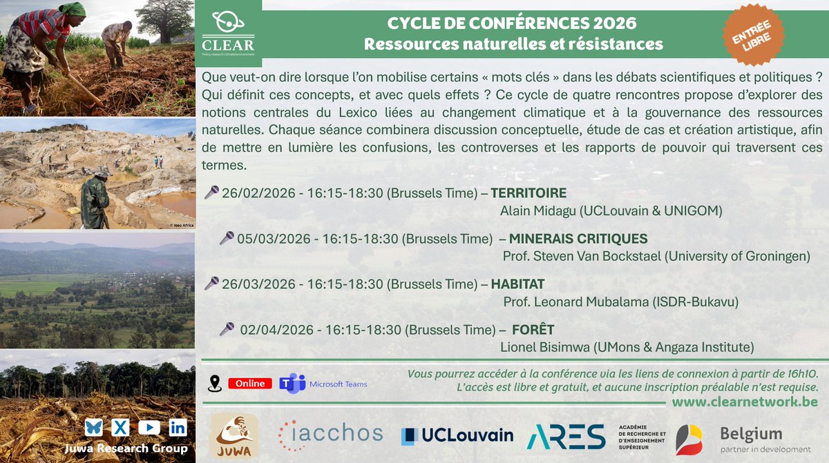 JuwaResearch's tweet image. 📢#SaveTheDate Le cycle de 4 conférences "Ressources naturelles et résistances" 2026 commence bientôt.
📅 Le 26/02, le 05/03, le 26/03 &amp;amp; 02/04/26
🕓 16:15–18:30
💻 En ligne – Accès gratuit et sans inscription dès 16:10
🔗Pour tous savoir👉juwaresearch.org/cycle-de-confe…
#Lexico #CLEARPSP