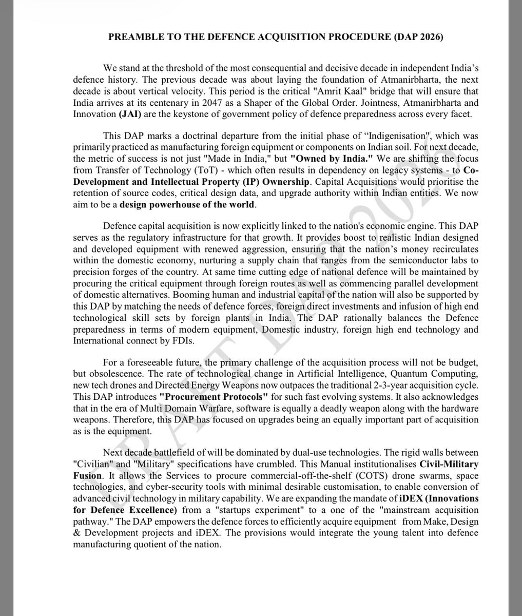 ANI's tweet photo. The Department of Defence, Ministry of Defence, Government of India, has prepared a draft ‘Defence Acquisition Procedure (DAP) 2026’ as part of the year of reforms. Once approved, it will replace 

1. The Defence Acquisition Procedure 2020.
2. Procedure for Acquisition of Aero Space Systems is being worked separately in consultation with the stake holders. The same will be included in the DAP 2026 subsequently.
3. As part of the consultation process, the draft Defence Acquisition Procedure 2026 and The Handbook on Guidelines and Annexures along with the prescribed format for the comments are available on the Ministry's website: https://t.co/0Scj6dhxMM
4. The Comments and suggestions on draft Defence Acquisition Procedure 2026 and the Hand Book on Guideline and Annexures are invited from all stakeholders and the general public. 

The comments/suggestions may be sent by email to secy-dap2025@gov.in / tmls-mod@nic.in in MS word or PDF format as early as possible but latest by 03.03.2026