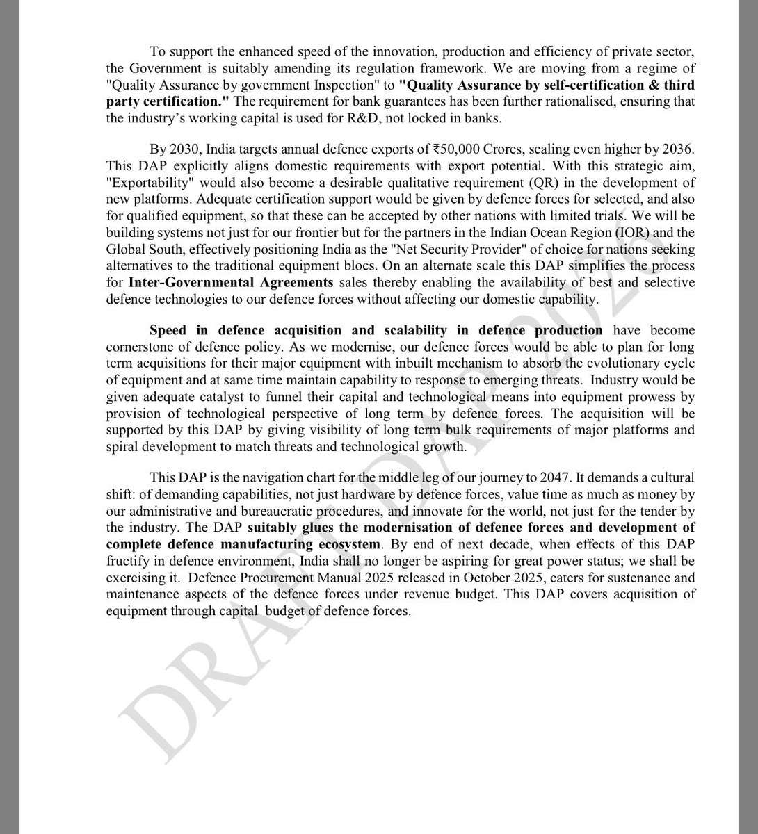 The Department of Defence, Ministry of Defence, Government of India, has prepared a draft ‘Defence Acquisition Procedure (DAP) 2026’ as part of the year of reforms. Once approved, it will replace 

1. The Defence Acquisition Procedure 2020.
2. Procedure for Acquisition of Aero