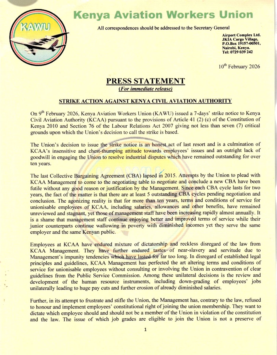 Kenya Aviation Workers Union tweet media