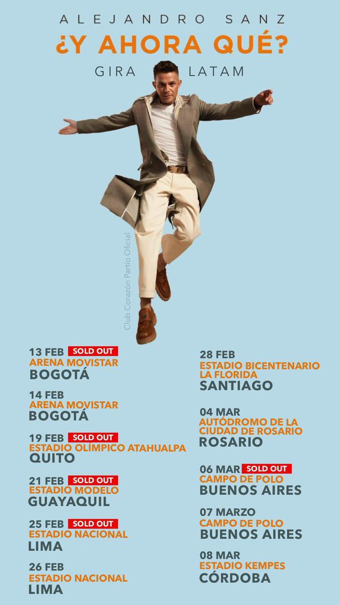 CorazonPartioOF's tweet photo. 💙 13 de febrero, Bogotá
Así comienza la gira ¿Y Ahora Qué? – LATAM 2026 de  @AlejandroSanz 

El viaje arranca con estadios llenos y corazones listos para cantar.

🎟️ Últimos boletos:
https://t.co/Jg9btOBqJ2 https://t.co/1lA53V8R4P