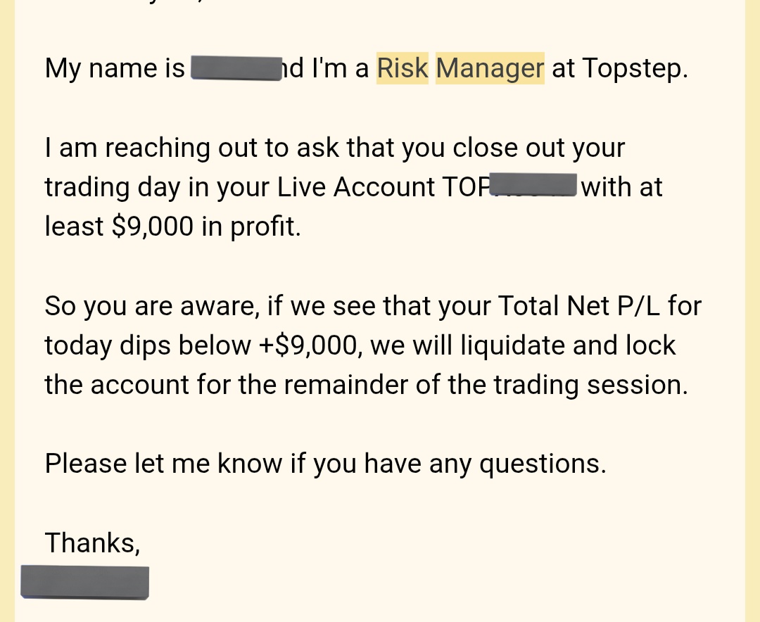 aws_cloudinfra's tweet photo. "Topstep has never and will NEVER move to an intraday trailing drawdown"?
I am a Live Trader here. Your risk desk is manually emailing me  and my friends (at +$9k) to force liquidation if we give back profits

Refusing to call it "intraday trailing" doesn't change reality https://t.co/qIjO1IK6at