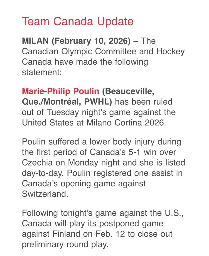 frank_seravalli's tweet photo. Team Canada 🇨🇦 says Marie-Philip Poulin (lower-body injury) is out for tonight's preliminary round game against Team USA 🇺🇸

Puck drop is 2:10pm ET. https://t.co/DT0uGB4mKB
