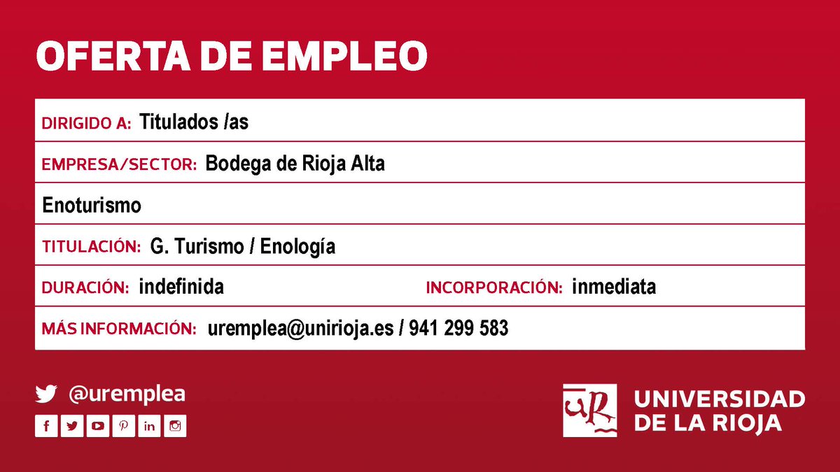 ♦️Oferta #empleo #TituladosUR <a href="/unirioja/">Universidad de La Rioja</a> #Turismo #Enología Sector: vitivinícola 🍇¡Inicio: inmediato! Más info:➡️bit.ly/3onDlmw