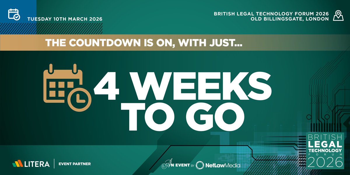 netlawmedia's tweet photo. We’re counting down the final month until Europe’s largest legal technology conference returns — the British Legal Technology Forum 2026!

If you haven’t secured your place yet, now is the time 👉 https://t.co/MEYfakm8tF

#BLTF2026 #LegalTech #LegalIT https://t.co/XkXgeJTxUw