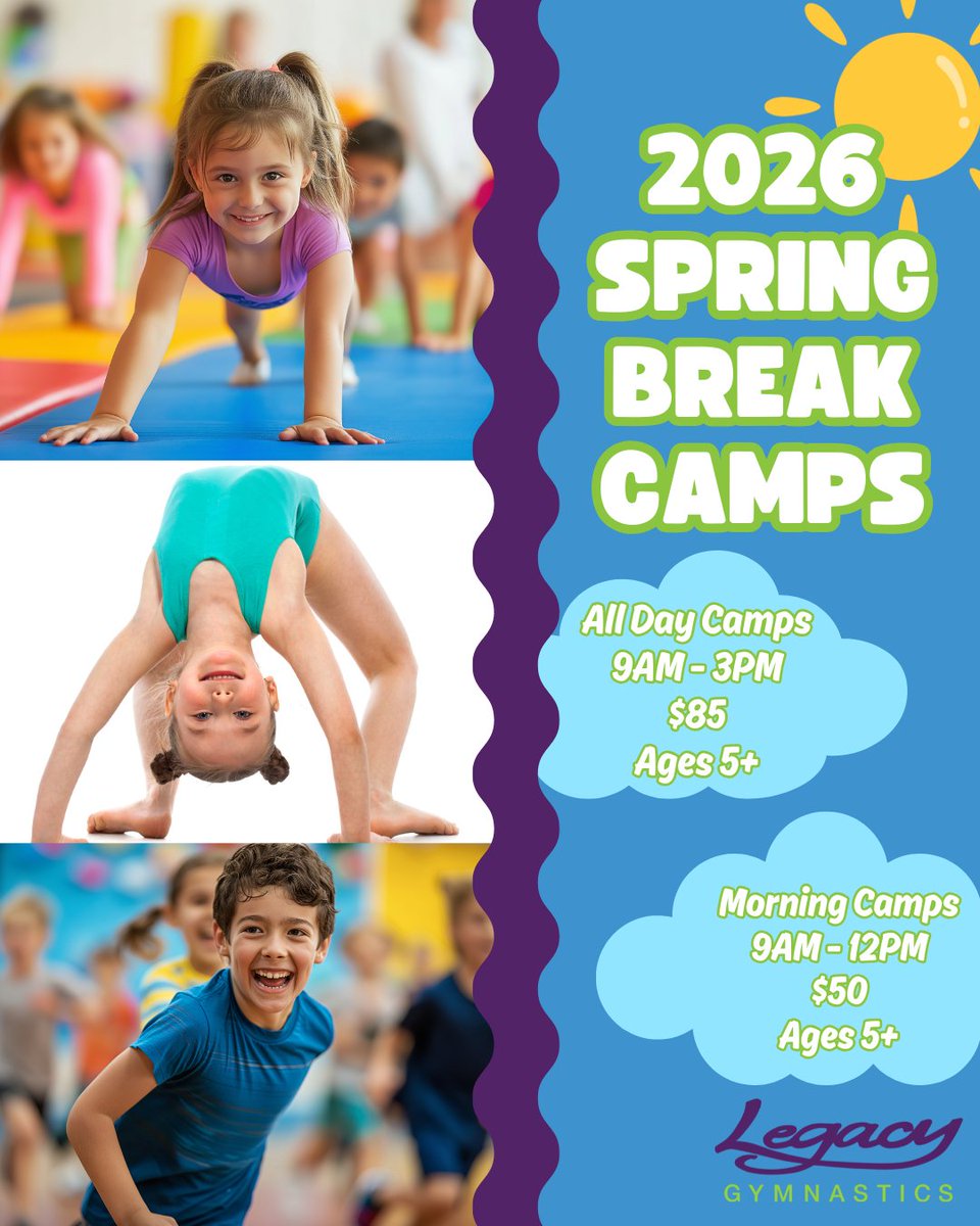 Legacy_Gym's tweet photo. Sign up today for our Spring Break camps March 30-April 2nd! Kids ages 5+ can register, no experience required.
🥇Voted Best Kids Camp - 3 years in a row!
🤸‍♀️Gymnastics fun on all events!
🏁Games &amp; Obstacle Courses
🖍️Arts &amp; Crafts
https://t.co/f3zas1JmFe
952-746-8183 https://t.co/mlj2jFVHJR