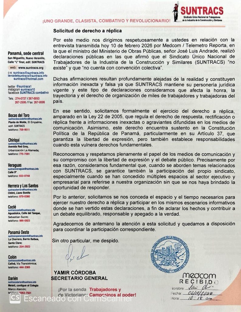 Entregamos formalmente una solicitud de derecho a réplica a MEDCOM que entrevistó y compartió 
declaraciones del ministro sin permitir contraste.
La carta fue recibida oficialmente.
Ahora corresponde al medio cumplir con la ética y el derecho a informar con equilibrio.
📄✍🏽