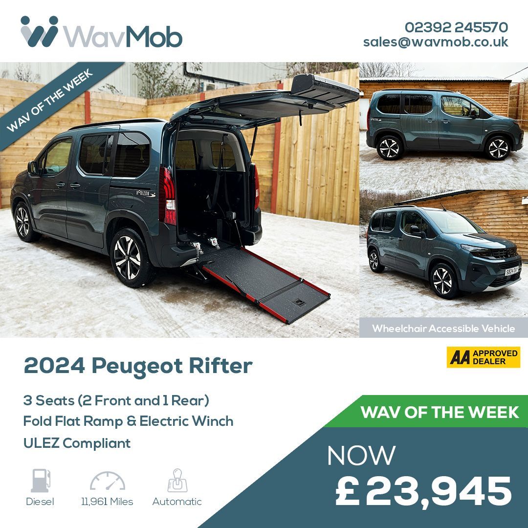 🚗 WAV of the week! 🚗

This stunning 2024 Peugeot Rifter WAV is now available for only £23,945

♿ 3 Seats
🚗 11,961 Miles
⚙️ Automatic
⛽️ Diesel
✅ Fold Flat Wheelchair Ramp
✅ Electric Winch

wavmob.co.uk/used-peugeot-r… 

📞 02392 245570
✉️ sales@wavmob.co.uk