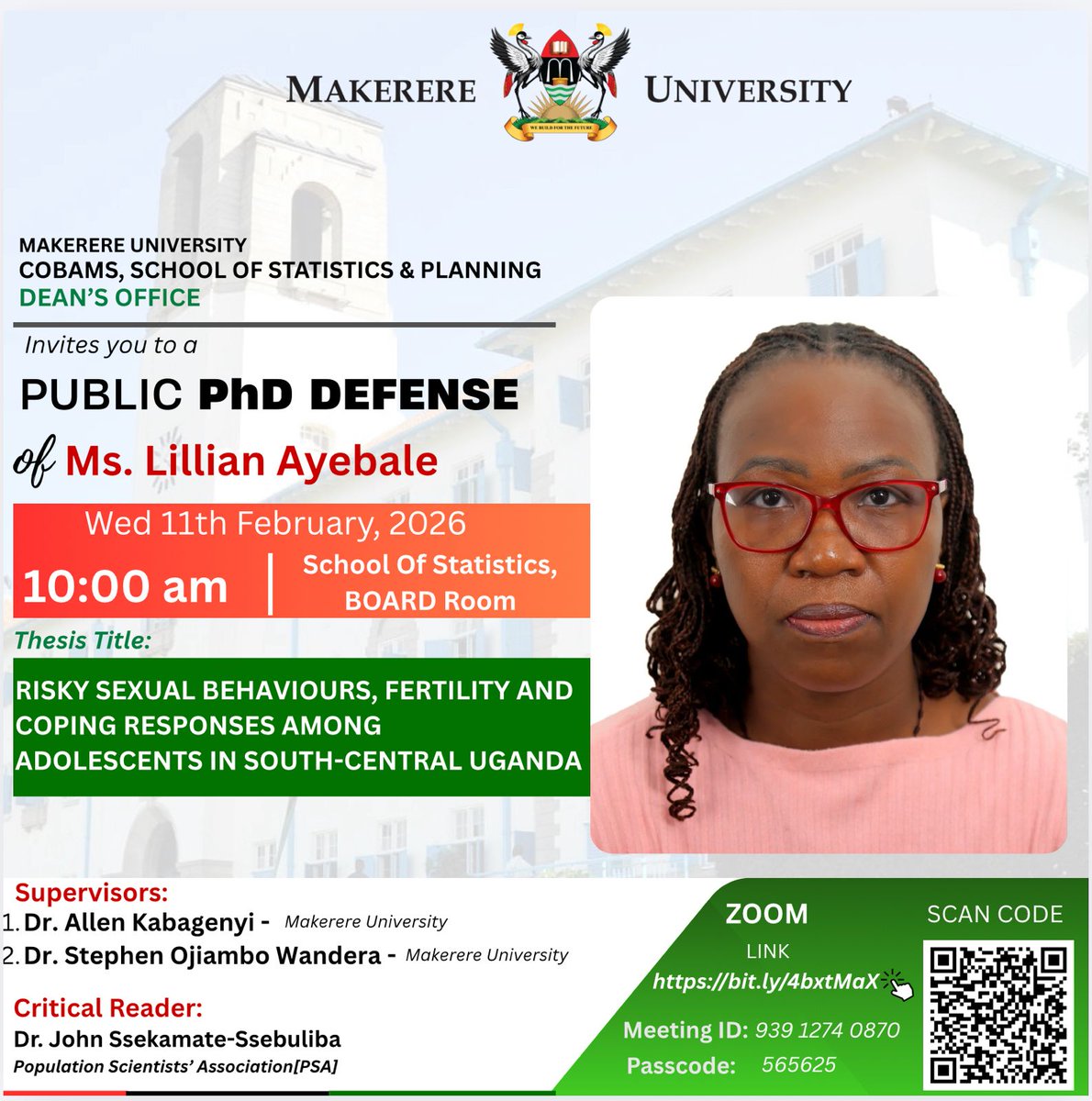 #HappeningTomorrow 
<a href="/MakPopStudies/">Makerere University, Department of Popstudies</a> sends a warm welcome to attend the PhD Defense of Ms. Lillian Ayebale. Best wishes to the candidate.
#SSP
#AssocprofLynnAtuyambe
#DrAbelNzabona 
#DrPatriciaNdugga 
#DrRichardTuyiragize