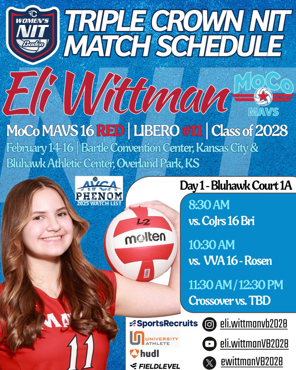 EWittmanVB2028's tweet photo. So excited to be heading to Kansas City for the Triple Crown NIT this weekend.  Here is our first day schedule!  @MoCoMavs @JJWitt2 https://t.co/nCILCL2ypi