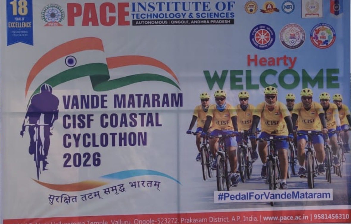 pace_its's tweet photo. Honoured to welcome the CISF team at PACE during the Vande Mataram CISF Coastal Cyclothon 2026 🇮🇳🚴‍♂️
Their #PedalForVandeMataram initiative across the coastal belt spreads a powerful message of patriotism and national unity.

#CISF #VandeMataram #Cyclothon2026 #PACEITS https://t.co/eK5ijyNqU1