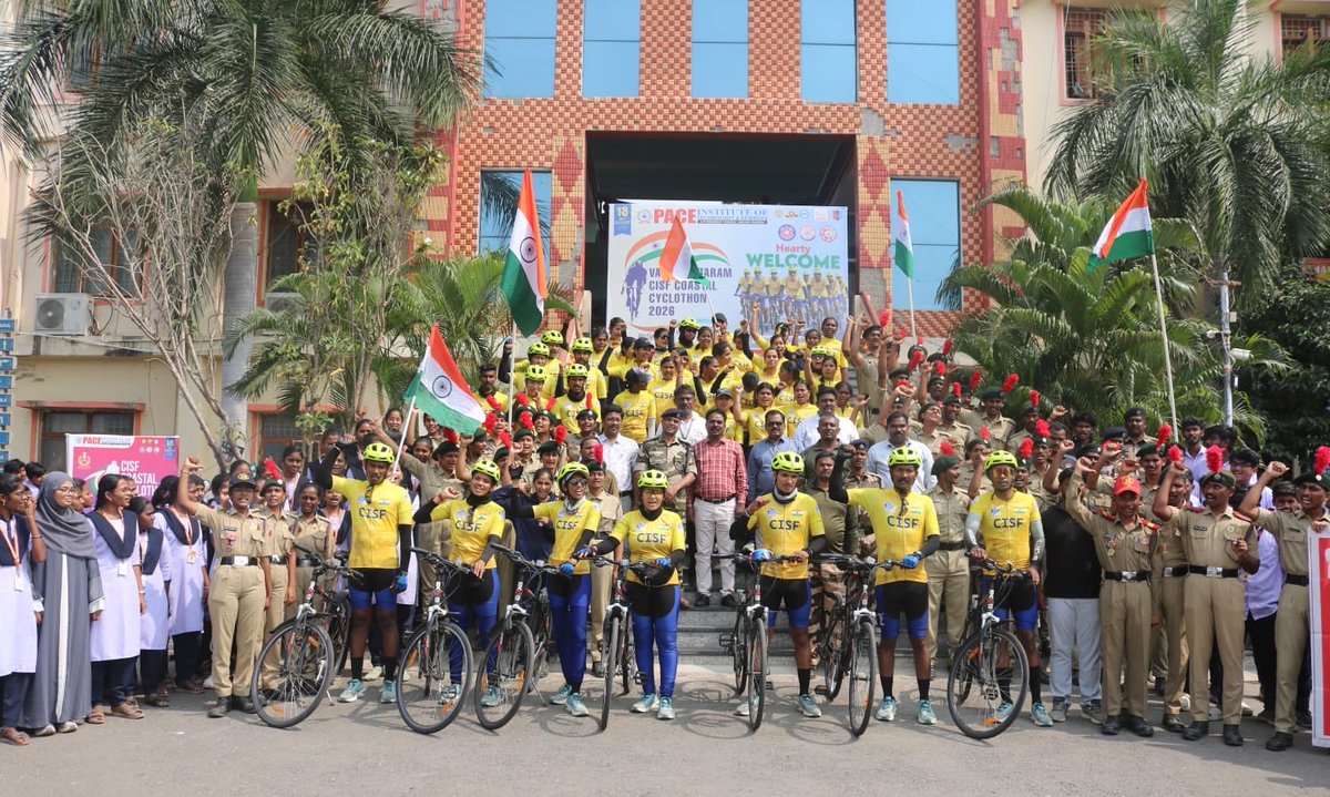 pace_its's tweet photo. Honoured to welcome the CISF team at PACE during the Vande Mataram CISF Coastal Cyclothon 2026 🇮🇳🚴‍♂️
Their #PedalForVandeMataram initiative across the coastal belt spreads a powerful message of patriotism and national unity.

#CISF #VandeMataram #Cyclothon2026 #PACEITS https://t.co/eK5ijyNqU1
