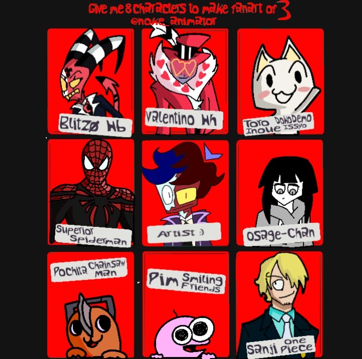 Octavo y último personaje: Blitzø, de Helluva Boss
Personaje sugerido por <a href="/JordanDemo96885/">👾jordan Temon👾</a>
Espero que os guste!!
Por fin he terminado la dinámica, me ha costado mucho