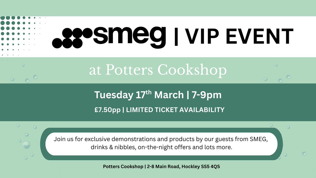 17th MARCH 2026 | SMEG VIP EVENT
SMEG will be with us for EXCLUSIVE FIRST-TO-SEE demonstrations, with exciting NEW PRODUCTS.

Drinks &amp; nibbles incl, plus fab ON-THE-NIGHT OFFERS!

Limited number of tickets: £7.50pp from the shop.

Hope you will join us!

#cookshop #essex #smeg