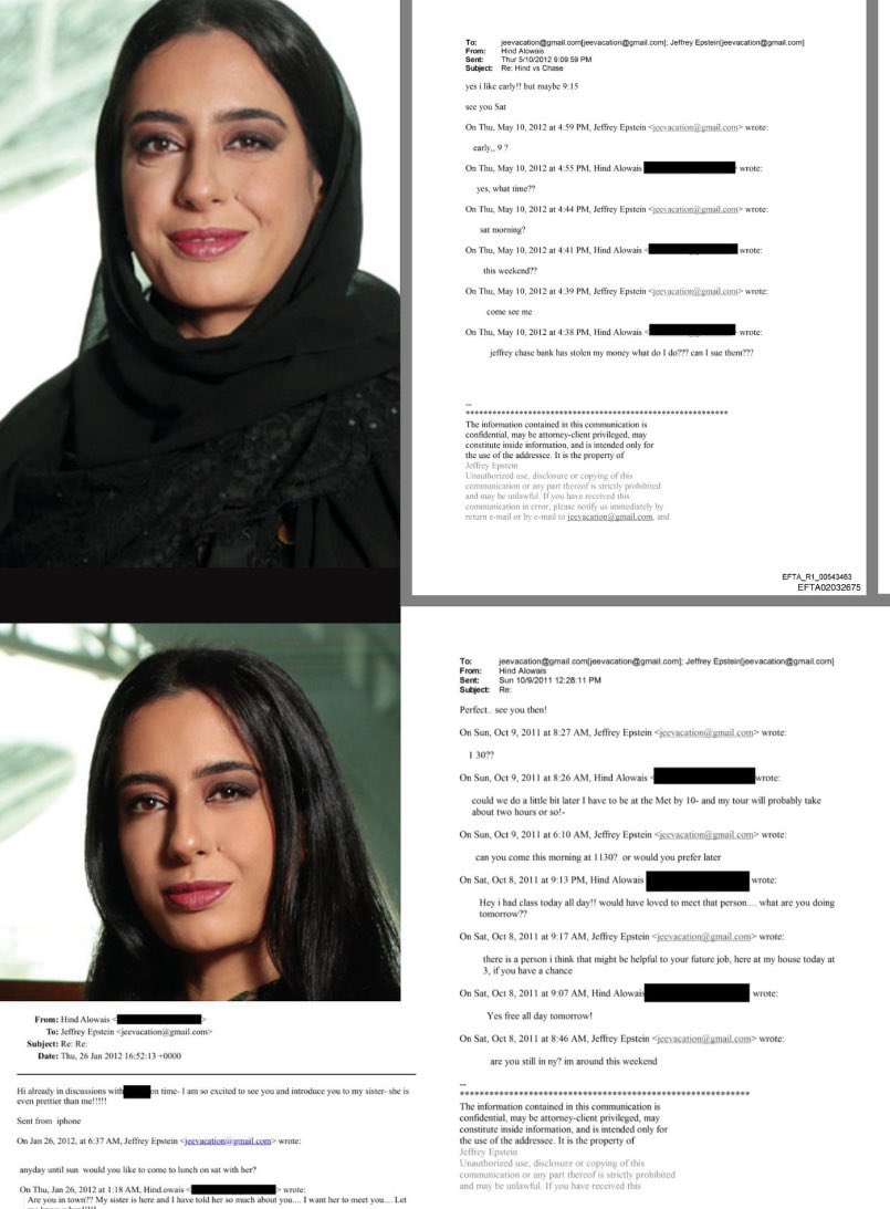 “Sizi kız kardeşimle tanıştırmaktan heyecan duyuyorum. Benden bile daha güzel!"  

▪️Hind al-Owais, BAE’nin BM’deki ilk kadın kıdemli danışmanı ve 2012 yılında Jeffrey Epstein’ın ‘İnsan Hakları Savunucusu’