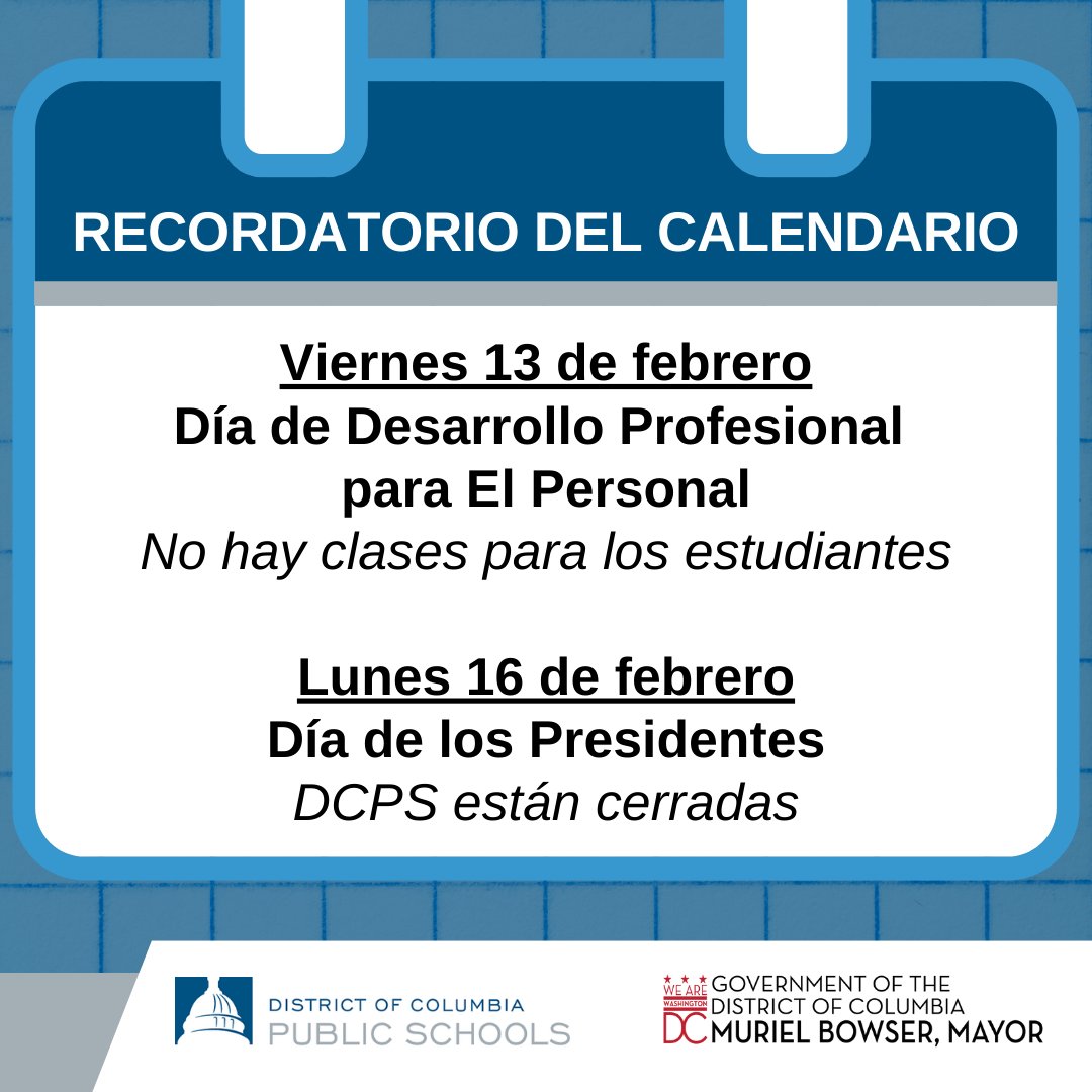 🗓️Calendar Reminder🗓️

There will be no school for students on the following days:

Friday, Feb. 13 ➡️ PD Day

Monday, Feb. 16 ➡️ Presidents Day (DCPS closed)

View the full SY25-26 calendar: bit.ly/DCPSCal