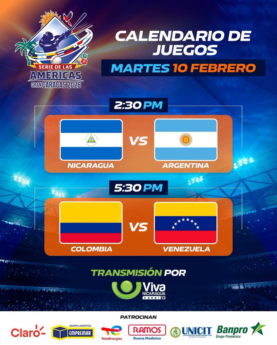 ⚾🔥 Agenda de hoy – Serie de las Américas. 🤩

⏰ 2:30 PM | Nicaragua 🇳🇮 🆚 Argentina 🇦🇷
⏰ 5:30 PM | Colombia 🇨🇴 🆚 Venezuela 🇻🇪

📺 En vivo por Viva Nicaragua - Canal 13. 💚

#SerieDeLasAméricas #BeisbolInternacional #VamosNicaragua 🇳🇮⚾