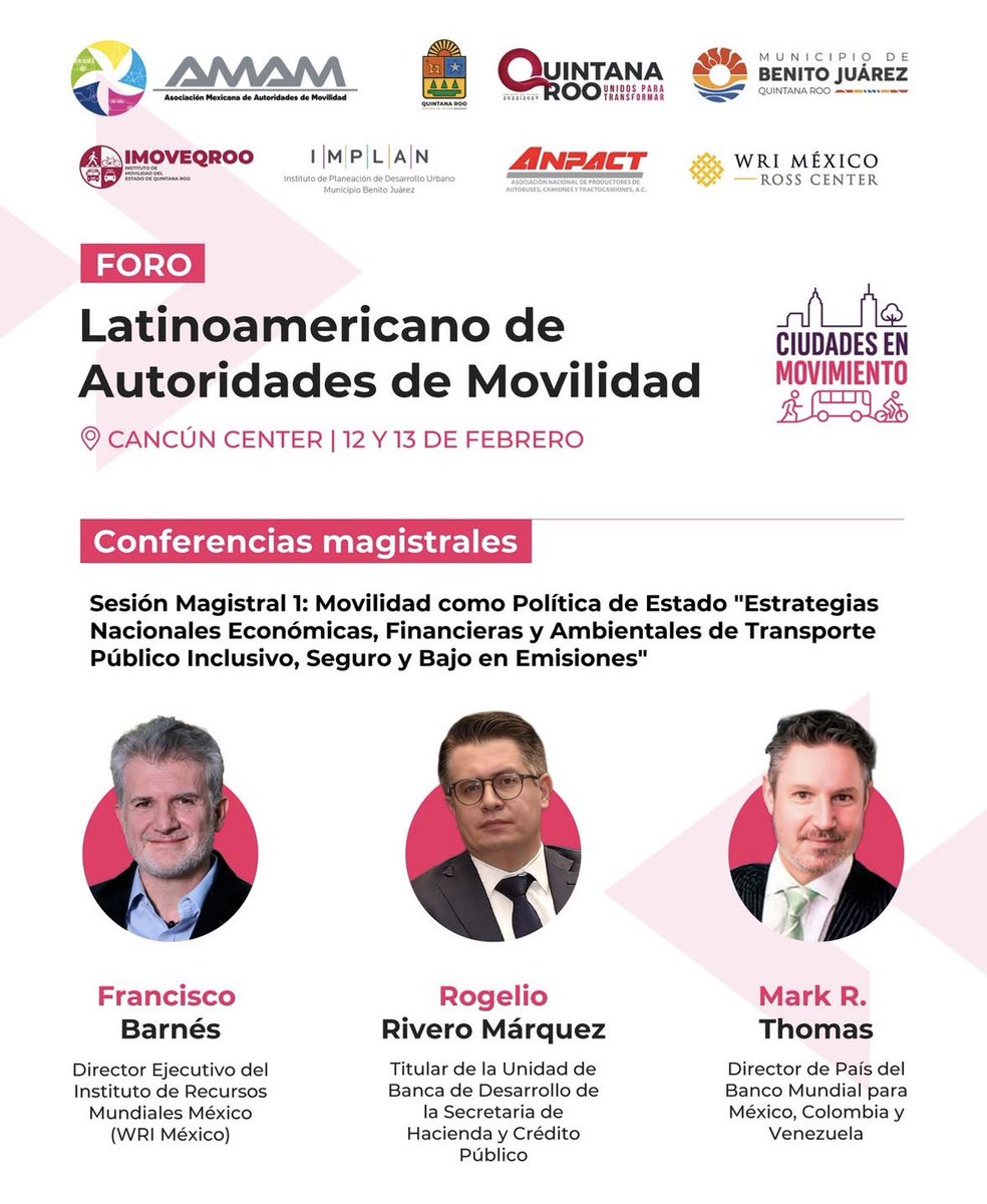 KotasekRafa's tweet photo. 🚍 Pensar la movilidad a largo plazo cambia las ciudades.

En el #ForoAMAM hablaremos de movilidad como Política de Estado, con una mirada regional y énfasis en transporte público inclusivo, seguro y bajo en emisiones.

🎙️ Con:
Francisco Barnés | #WRIMéxico
Rogelio Rivero Márquez | @shcp_mx
Mark R. Thomas | @bancomundial
