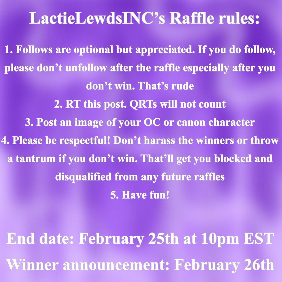 Since I haven’t done so in a while, I’ll be hosting a raffle! There will be one winner but it’ll increase depending on how many people enter. Winner(s) will get a fully colored full body piece 

 End date is February 25th at 10pm EST. Have fun and good luck!