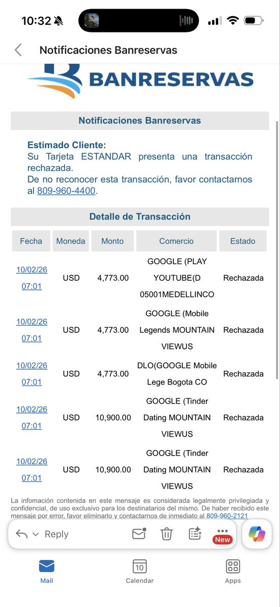 Me llego un email del <a href="/BanreservasRD/">Banreservas</a> con estas transacciones y que mi tarjeta fue rechazada, lo bueno es que no tengo tarjetas ni de debito ni de credito del BR, ni de ningun banco en DR.