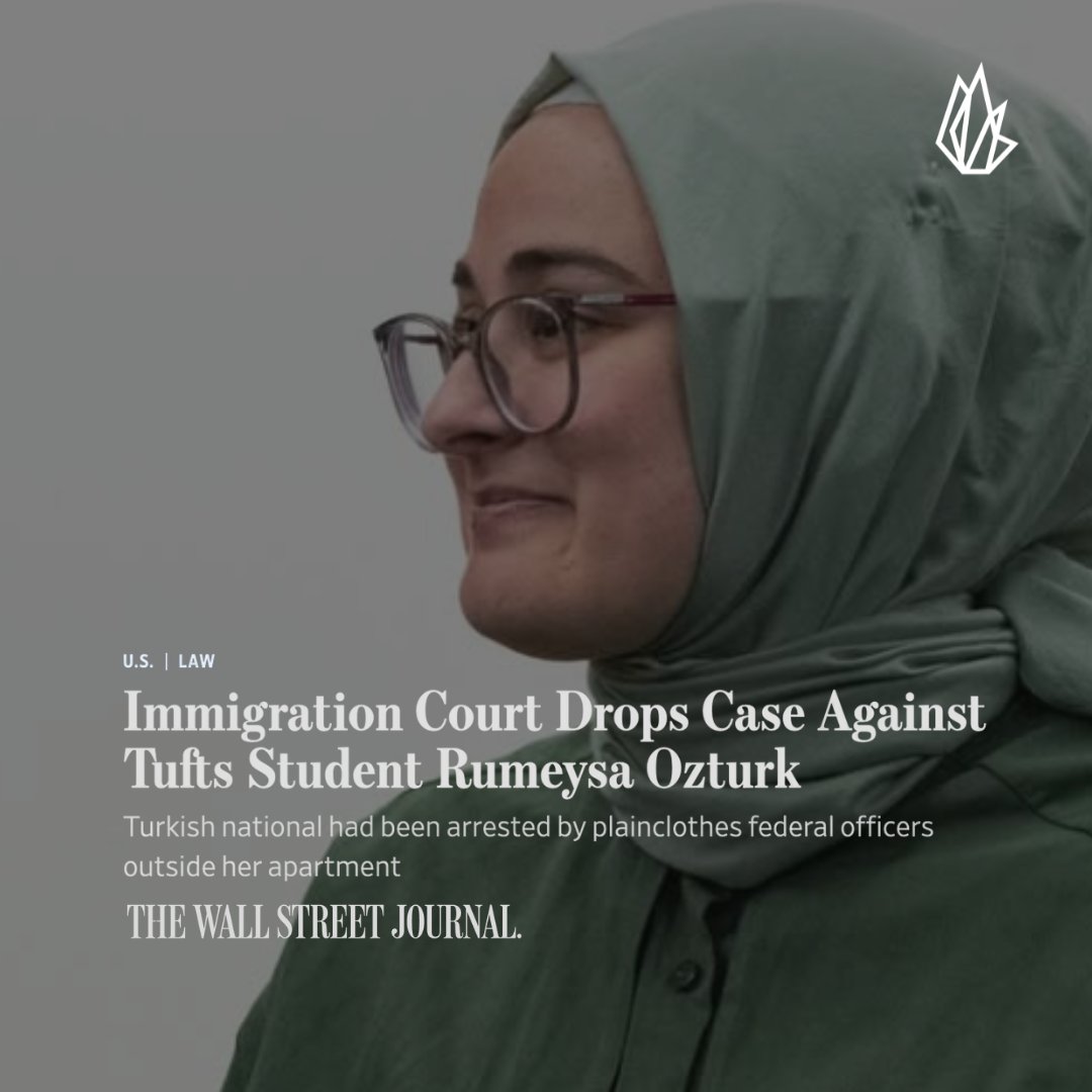 TheFIREorg's tweet image. Yesterday, a U.S. immigration court rightly terminated deportation proceedings against Tufts graduate student Rümeysa Öztürk, who was facing deportation because of an op-ed in the student newspaper. No one in the United States, citizen or visa-holder, should fear government…