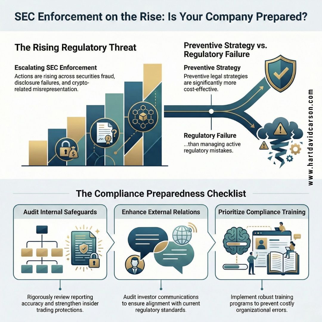 SEC Enforcement Actions Are Rising

SEC enforcement activity has increased significantly, targeting disclosure failures, securities fraud, insider trading, and crypto misrepresentation.
For companies, this means one thing: compliance must be airtight.

Key areas to review now:
•