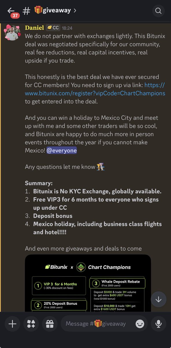 CCPool_Daniel's tweet image. Epic new partnership deal for everyone!! 

1. Bitunix is No KYC Exchange, globally available.
2. Free VIP3 for 6 months to everyone who signs up under CC 
3. Deposit bonus
4. Mexico holiday, including business class flights and hotel!

bitunix.com/register?vipCo…

See you in Mexico🎁