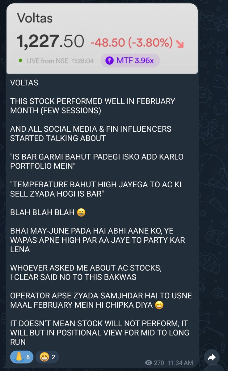 NiveshMantr's tweet image. APRIL 2025 POST OF #Voltas 
t.me/EquityX23/50

#Crompton ko summer season mein 2x - 3x karwane wale log pehle #Voltas ko 2k cross karwa dete to bhagwan bhala karta unka 😄

#StockMarketIndia #StocksToWatch