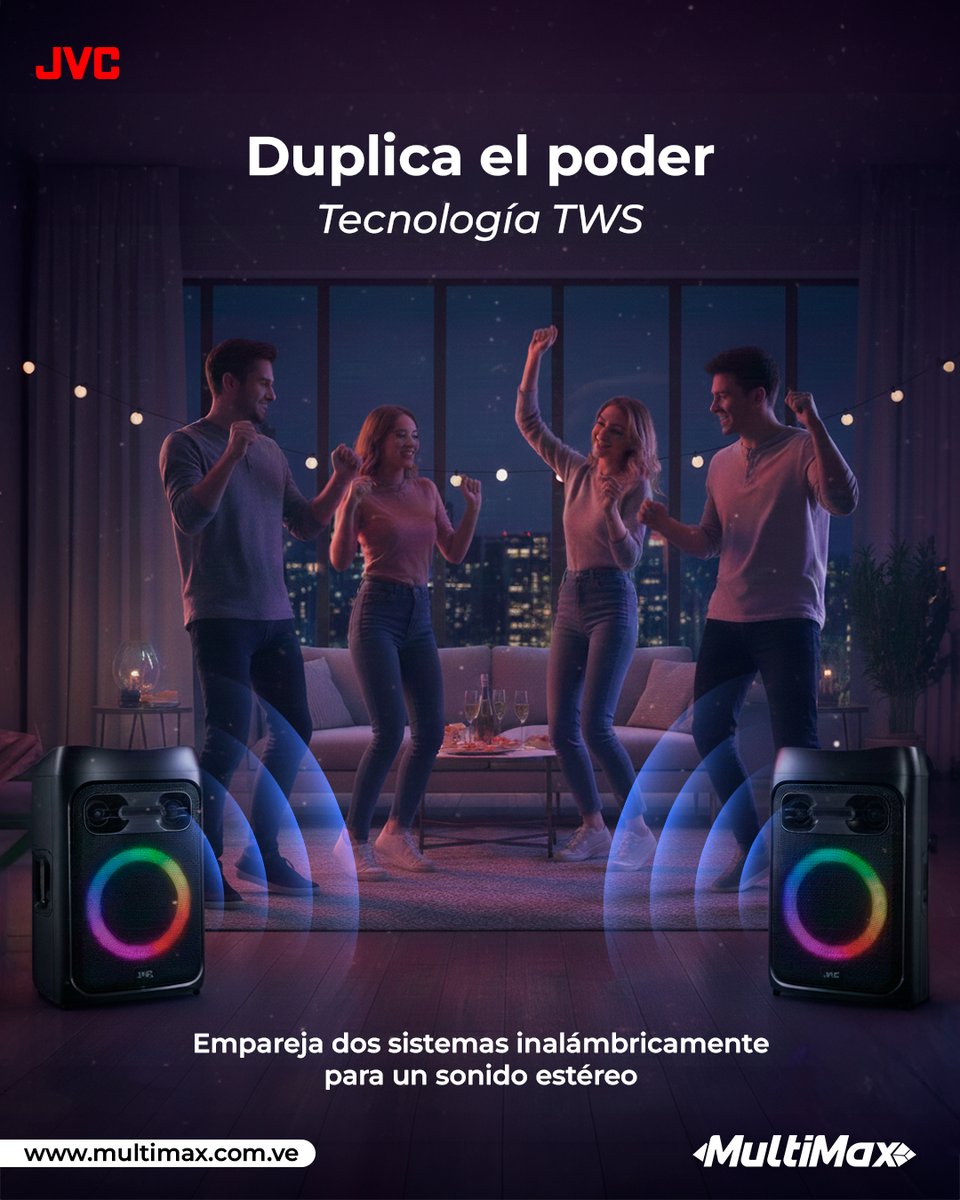 Con la tecnología TWS de tu Corneta JVC, puedes emparejar dos sistemas de forma inalámbrica para crear una experiencia estéreo real. Duplica la potencia, llena cada rincón de música y deja que el ritmo se apodere de tu hogar 🎶✨

 multimax.com.ve