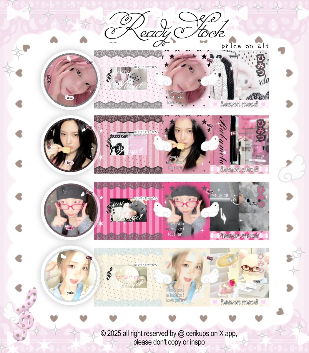 jeonghankups's tweet image. help repost, tysm! #zonauang 

Ready Stock Layout s for asa, ian, yuha, ye-on are now available. you can take claim them via dm or tele! 🩷

t baemon, h2h