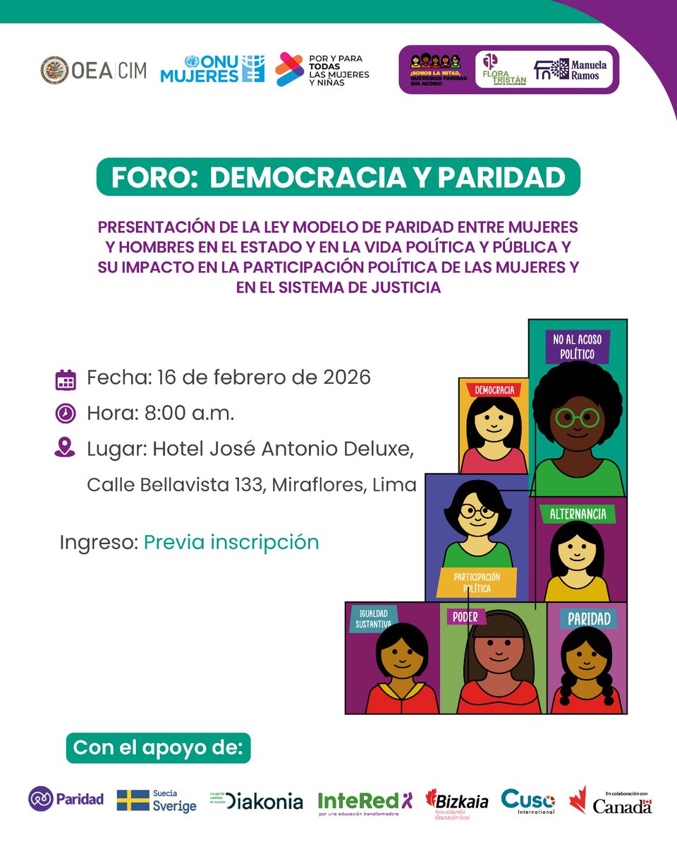 Desde la Campaña “Somos la mitad, queremos paridad sin acoso político” les invitamos al Foro: DEMOCRACIA Y PARIDAD. Inscripción previa: forms.gle/PUnYSvEBASNFBZ…
🗓️ 16 de febrero
⏰ 8:00 a.m
Lugar: Hotel José Antonio Deluxe
