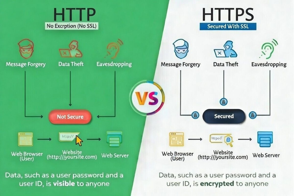 YasirAwan4831's tweet photo. 🔐 𝐇𝐓𝐓𝐏 𝐯𝐬 𝐇𝐓𝐓𝐏𝐒
HTTP sends data in plain text, making it vulnerable to data theft and attacks.

HTTPS uses SSL encryption to protect user data like passwords and IDs.

If security matters HTTPS is a must — not an option. 

#WebSecurity #HTTPvsHTTPS #SSL #CyberSecurity https://t.co/s3e9MjfNzT