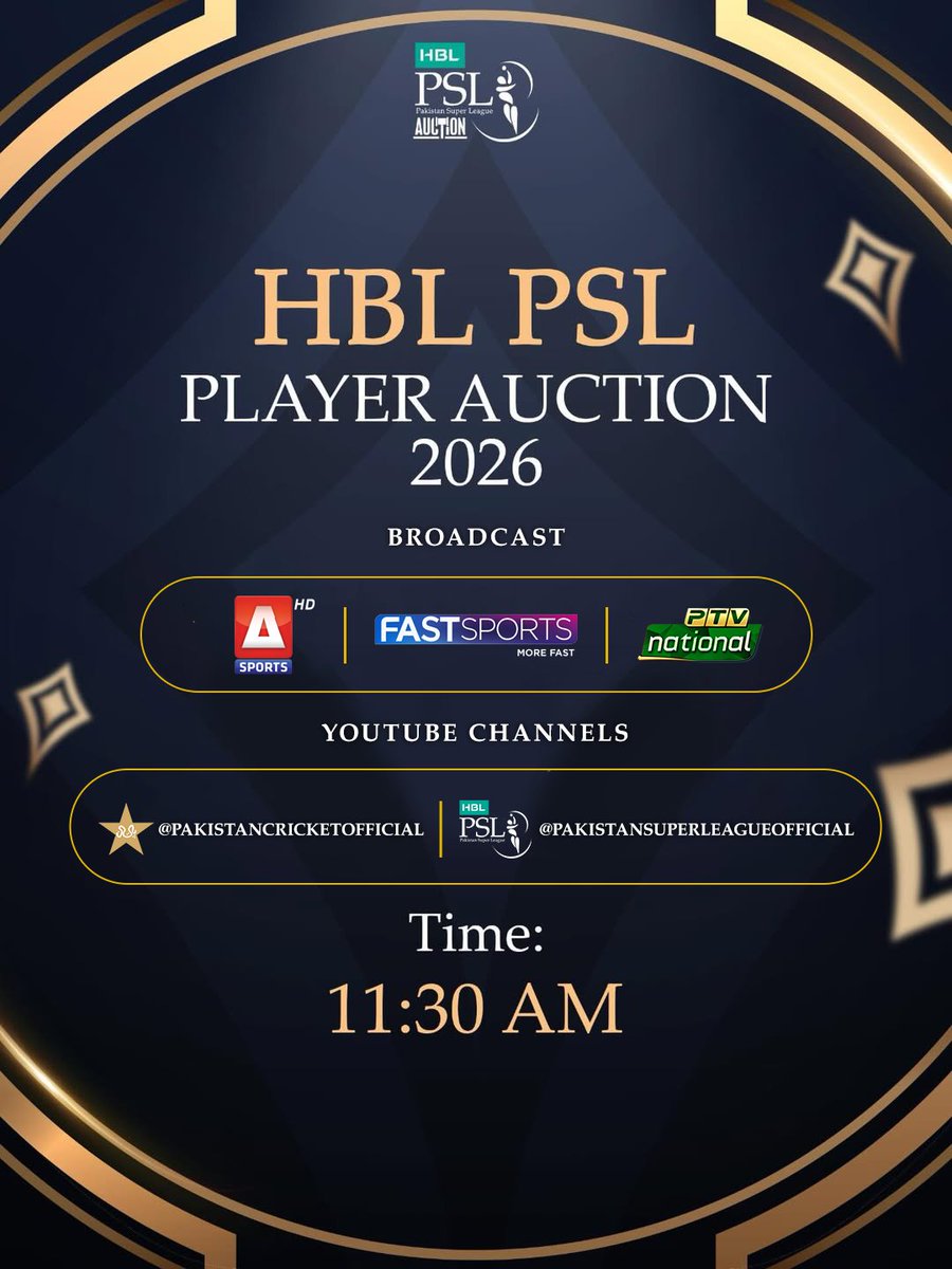 thePSLt20's tweet photo. The wait is almost over! 🏏

​Clear your schedules and get ready for the first-ever HBL PSL Player Auction. 

​🗓️ 11th February 2026 | ⏰ 11:30 AM

📺 LIVE Broadcast on A Sports, Fast Sports, and PTV National.
▶️ LIVE Streaming on Pakistan Cricket and PSL YouTube Channels

​#HBLPSL | #NewEra