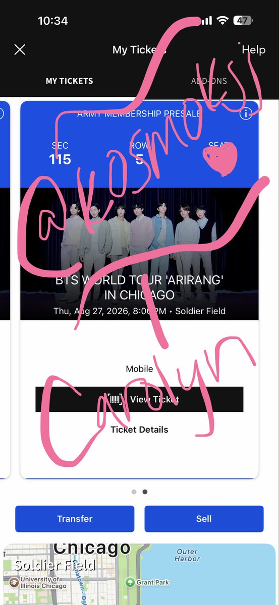 kosmoksj's tweet photo. WTS BTS WORLD TOUR ARIRANG
@ Chicago - Soldier Field Stadium

8/27/26

2x seats -  558.79×2 = $1117.58 (Face Value)
Sec 115 | Row 5 | 2 Seats together

- Zelle preferred, Paypal G&amp;S (buyer needs to cover transfer fees)
- willing to FaceTime transfer! 
DM if interested
@875tickets https://t.co/GXEuzbGCgO