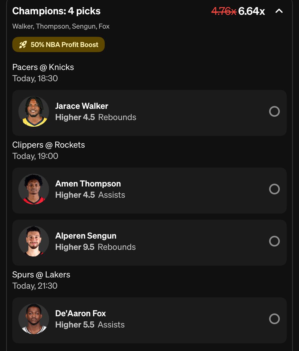 FREE NBA PARLAY🏀 

Collab with <a href="/myMLB_Picks/">🤌 𝗔𝗹𝗲𝘅’𝘀 𝗣𝗿𝗼𝗽𝘀 𝗧𝗶𝗽𝘀</a> 

Jarace Walker 5 Rebounds 
Amen Thompson 5 Assists
Alperen Sengun 10 Rebounds 
De’Aaron Fox 6 Assists

#GamblingX #GamblingTwitter