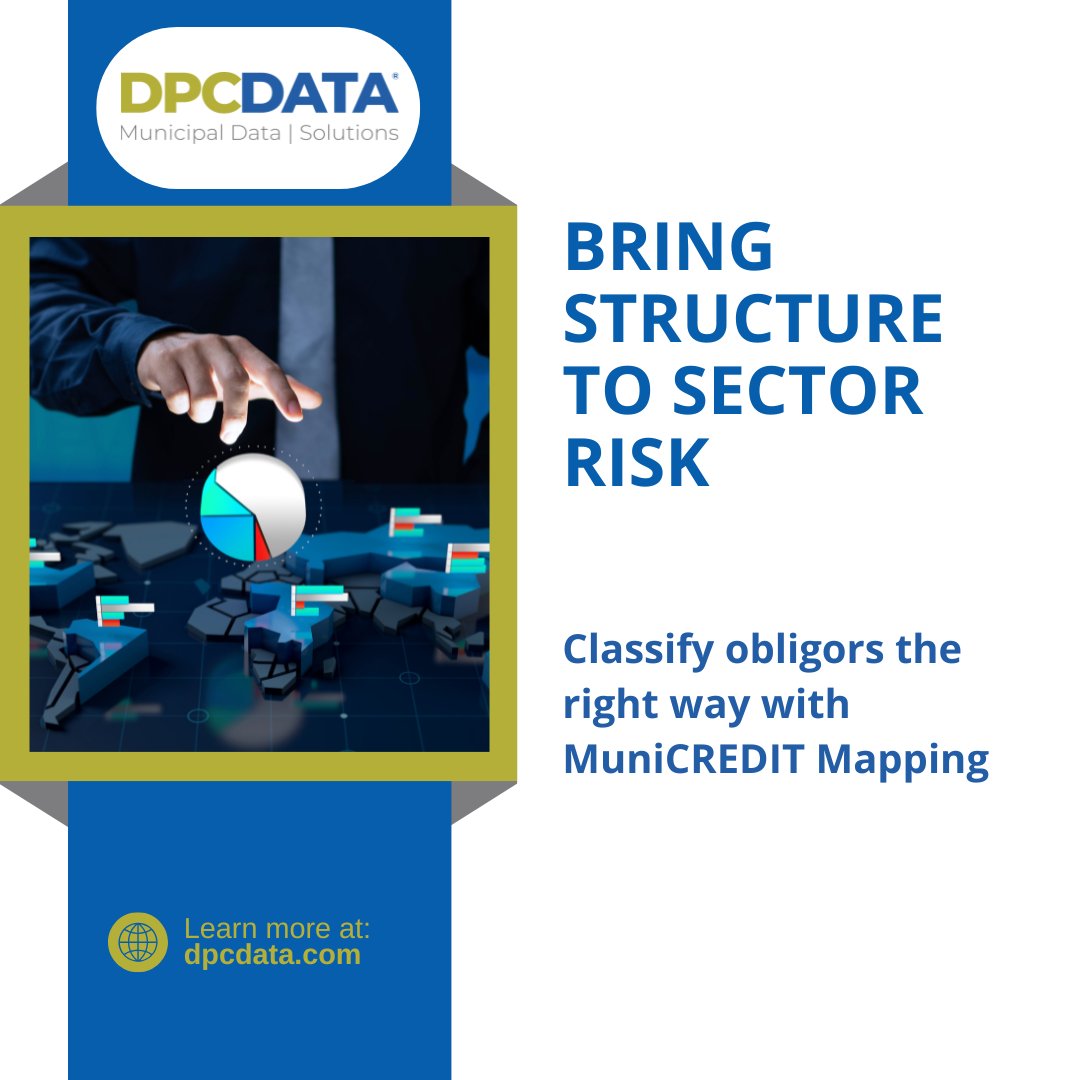 DPCDATA's tweet photo. How do you group 50,000 municipal obligors into sectors that actually make sense?
MuniCREDIT Mapping gives you consistent, expert-defined sector classifications, so you can manage exposure more easily.
LEARN MORE: https://t.co/NOVCzGF7Gz
#riskmanagement #munidata https://t.co/JQ9UhSzfjl