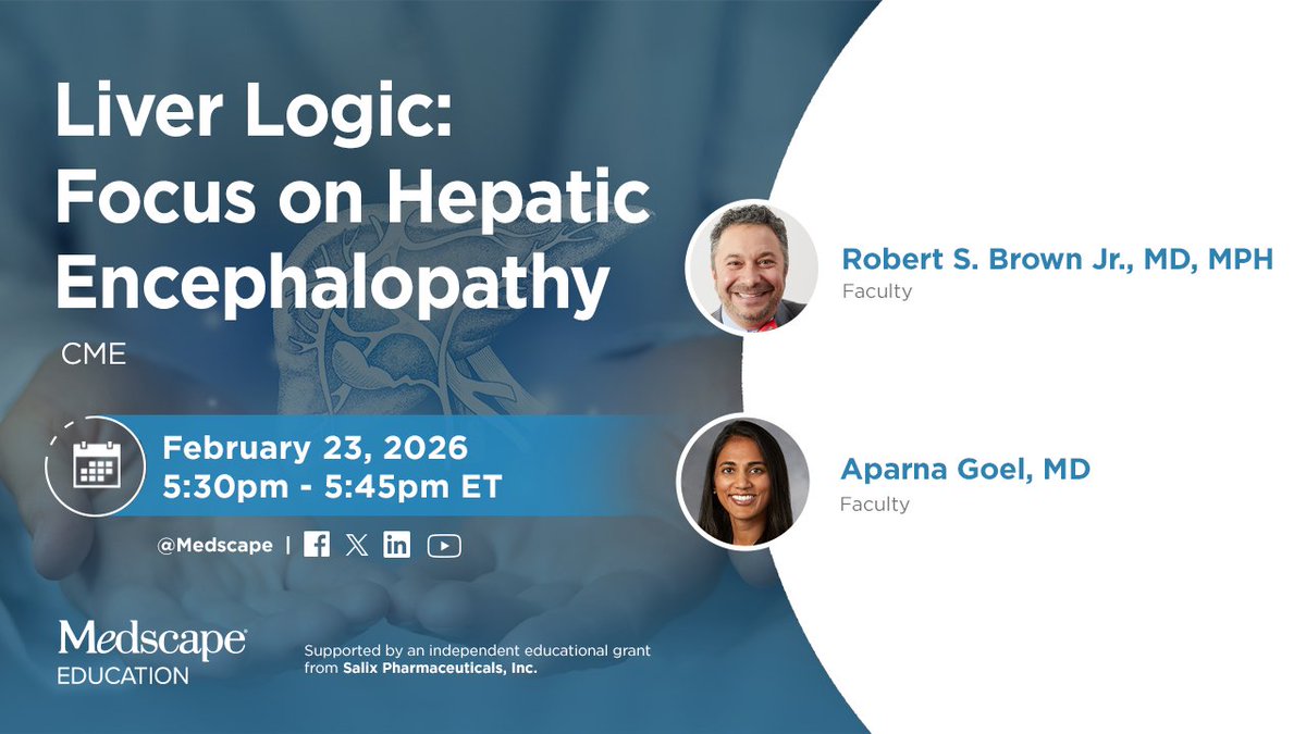 SAVE THE DATE! 🗓️

Symptoms of Hepatic Encephalopathy (HE) can be subtle and easily missed. Join Drs. Robert Brown Jr. &amp; Aparna Goel for practical tips on identifying HE in your practice and improving patient outcomes.

📅 Feb 23rd
⏰ 5:30PM ET 
🔗 youtube.com/watch?v=QlIHjp…