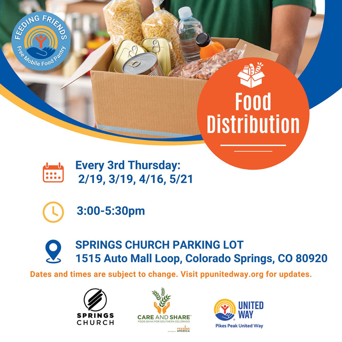 ppunitedway's tweet photo. Food support is here 💙 Join Pikes Peak United Way’s FREE Mobile Food Pantry Thu, Feb 19, 3–5:30 PM at Springs Church (1515 Auto Mall Loop). Drive-through, open to anyone. Thanks Care and Share &amp; Springs Church 🤝 Please share! 💛 https://t.co/GPAId7ge6c