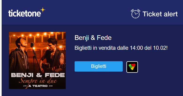 Celeb_myworld's tweet photo. π¨|Tickets for the Benji & Fede duet tour are available
π https://t.co/ZF7OUbOeq6
#BenjieFede
#SempreInDue https://t.co/t1eXthJJeC