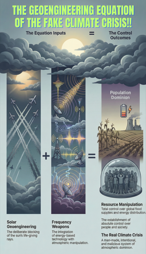 RohitMishra2024's tweet photo. Geoengineering Equation of The Fake Climate Crisis!

Frequency Weapons + 24/7 Chemtrailing + SRM (inputs) = Total Control Over Food + Energy + Population (output)

This is the real climate crisis folks!! Man made, evil and malicious. STOP GEOENGINEERING NOW!! https://t.co/hO26Igsmnx