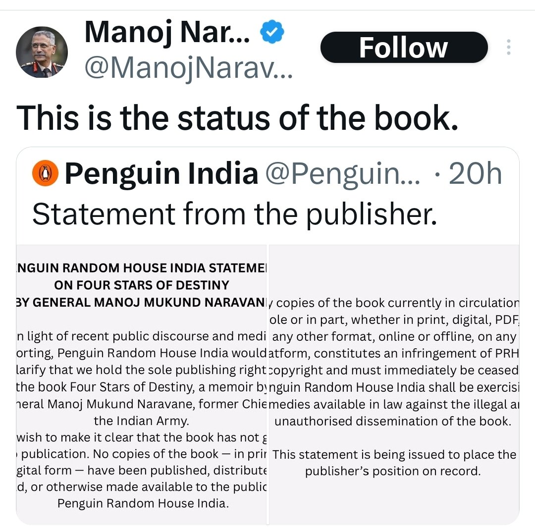 DineshP777's tweet photo. @NayakRagini @RahulGandhi ये जनरल नरवणे साहब का ट्वीट है जिसमें वो बता रहे हैं कि पब्लिशर शी बोल रहा है, उनकी किताब की एक भी प्रति नहीं छपी है

पब्लिक किसकी मानेगी देश के पूर्व सेनाध्यक्ष की या सेनाध्यक्ष को गली का गुंडा कहने वाले बिगड़ैल शहजादा की❓❓❓ https://t.co/lnn5g8MBPd